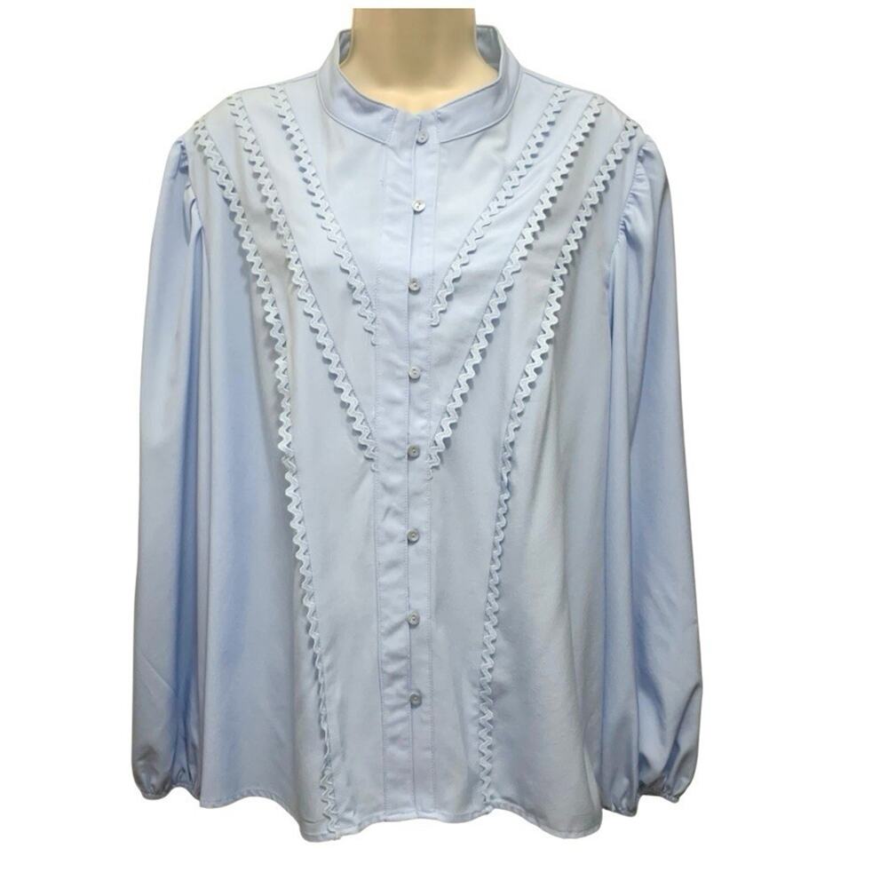 Simplee Plus 2XL Light Blue Prairie Blouse Rickrack Trim Balloon Sleeve Top